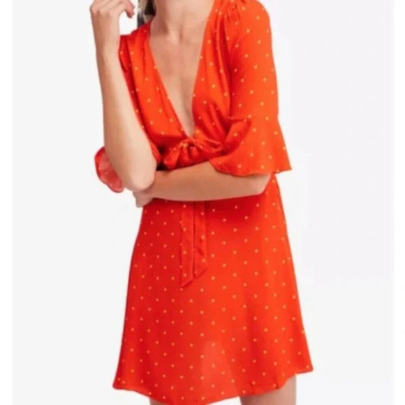 Free People All Yours Orange & Yellow Polka Dot Mini Dress Size 10 - Picture 2 of 11